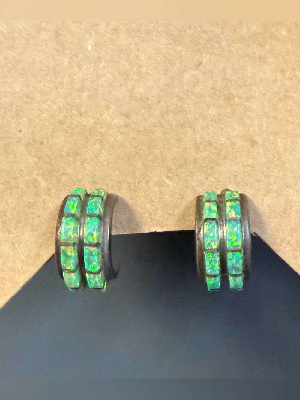 Handcrafted  Gold Plated Sterling Silver Fiery/Green Opal Inlay Hoop Earrings